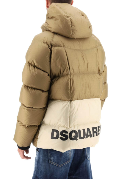 Shop Dsquared2 Logo Print Hooded Down Jacket In Beige