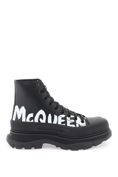 Shop Alexander Mcqueen 'tread Slick Graffiti' Ankle Boots In White,black