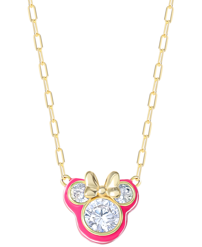 Shop Disney Cubic Zirconia & Pink Enamel Minnie Mouse 18" Pendant Necklace In 18k Gold-plated Sterling Silver In Gold Over Silver