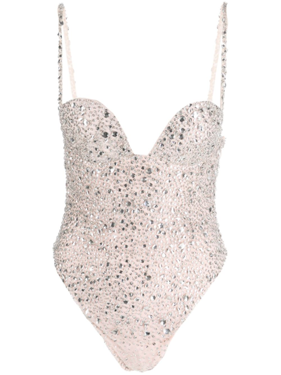 Shop Retroféte Crystal-embellished Sleeveless Bodysuit In Pink