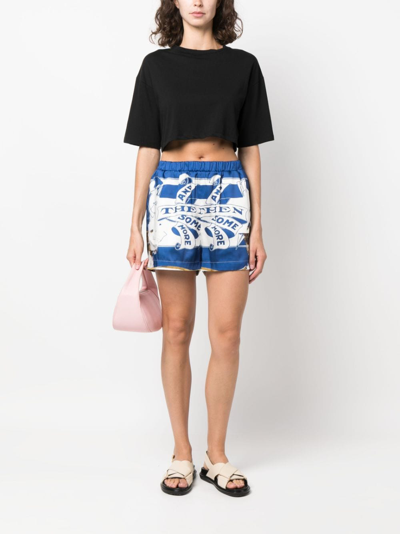 Msgm Graphic-print Satin Mini Shorts In Blue