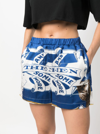 Msgm Graphic-print Satin Mini Shorts In Blue