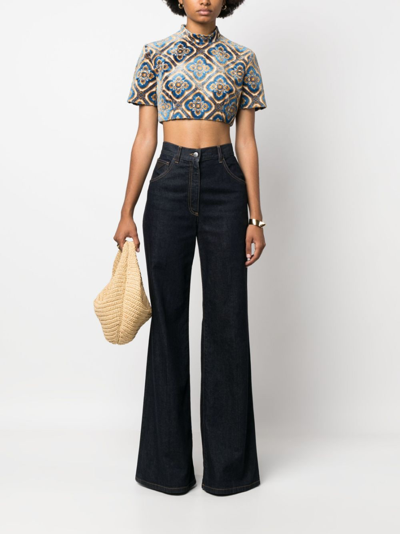 Etro Abstract-print Velvet Crop Top In Blue