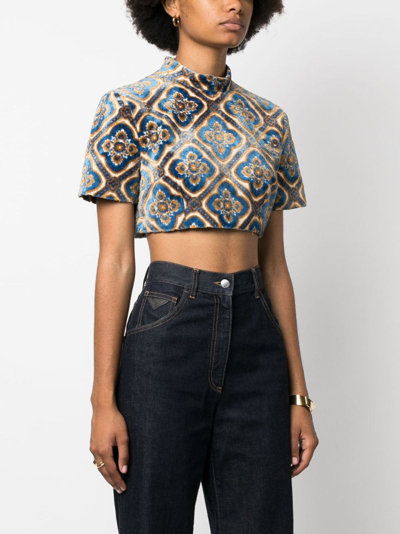 Etro Abstract-print Velvet Crop Top In Blue