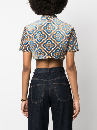 Etro Abstract-print Velvet Crop Top In Blue
