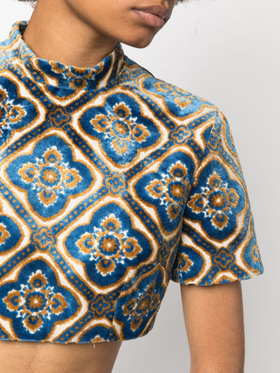 Shop Etro Abstract-print Velvet Crop Top In Blue