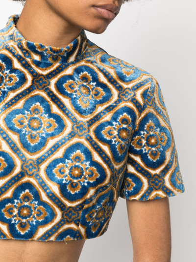 Etro Abstract-print Velvet Crop Top In Blue
