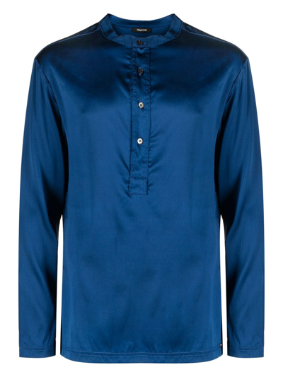 Shop Tom Ford Collarless Silk Pajama Shirt In Blue