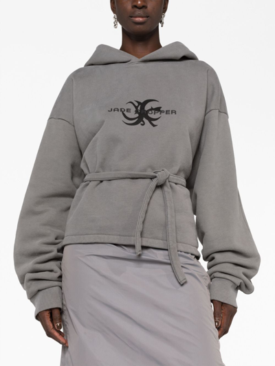 Shop Jade Cropper Logo-print Open-back Hooded Jumper In Grey