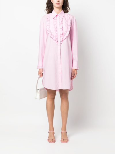 Shop Msgm Ruched-trim Cotton Shirt Dress In Pink