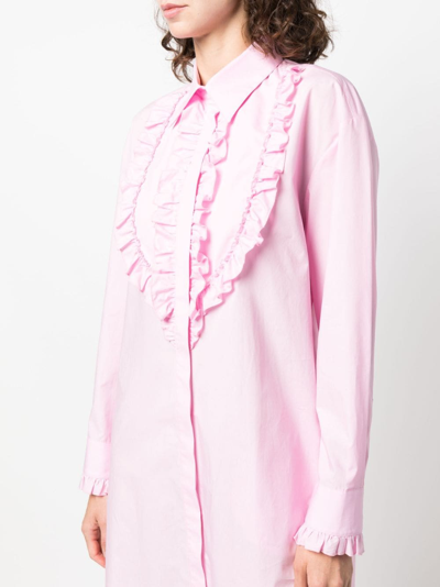Shop Msgm Ruched-trim Cotton Shirt Dress In Pink