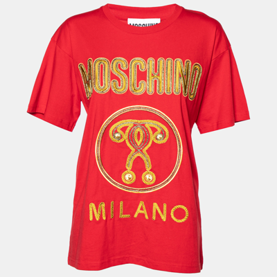 MOSCHINO COUTURE Pre-owned Red Cotton Knit Logo Embroidered Oversized T-shirt Xxs