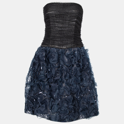 Pre-owned Oscar De La Renta Black Tulle & Floral Silk Sequin Embellished Mini Dress L
