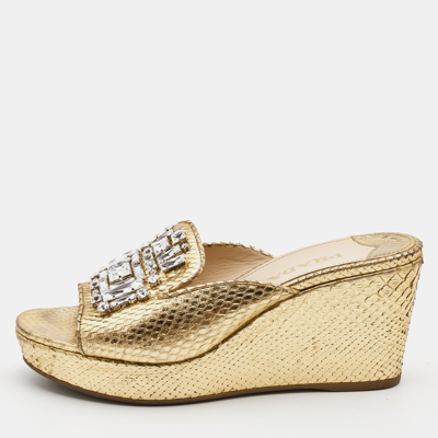 Pre-owned Prada Gold Embossed Snakeskin Crystal Embellished Wedge Sandals Size 37.5