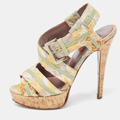 Pre-owned Missoni Multicolor Crochet Fabric And Leather Trim Ankle Strap Platform Sandals Size 37.5