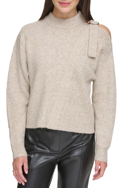 Shop Dkny Cold Shoulder Mixed Stitch Sweater In Pebble Heather