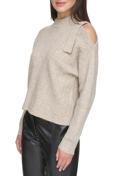 Shop Dkny Cold Shoulder Mixed Stitch Sweater In Pebble Heather