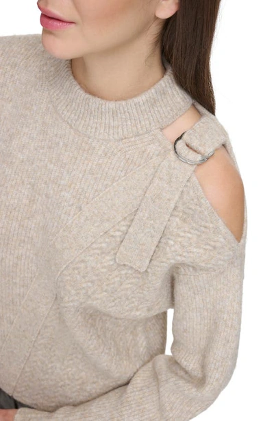 Shop Dkny Cold Shoulder Mixed Stitch Sweater In Pebble Heather