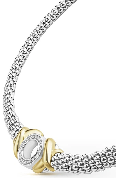 Lagos 18k Yellow Gold & Sterling Silver Embrace Diamond Xo Beaded Collar Necklace, 15 In Silver