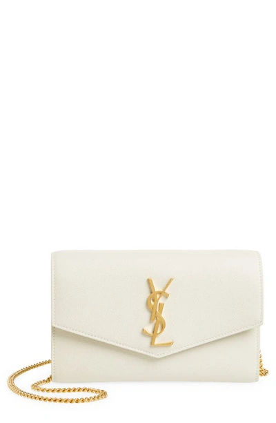 Shop Saint Laurent Uptown Pebbled Calfskin Leather Wallet On A Chain In Blanc Vintage