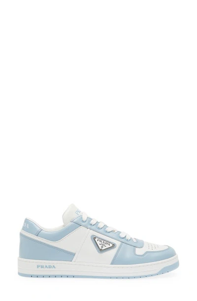 Prada Men's Downtown Logo Leather Low-top Sneakers In Bianco/ Celeste
