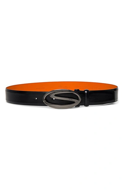 Shop Santoni Reversible Logo Buckle Leather Belt In Black