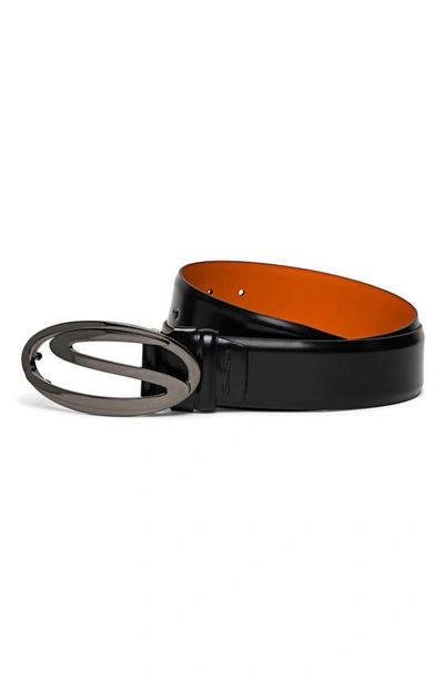 Shop Santoni Reversible Logo Buckle Leather Belt In Black