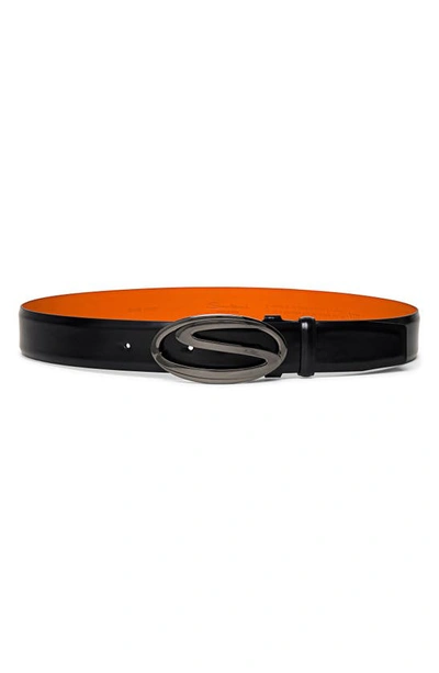 Shop Santoni Reversible Logo Buckle Leather Belt In Black