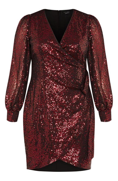 Shop City Chic Nadia Long Sleeve Sequin Faux Wrap Dress In Claret