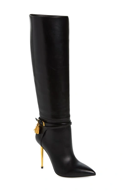 Shop Tom Ford Padlock Pointed Toe Knee High Boot In Black