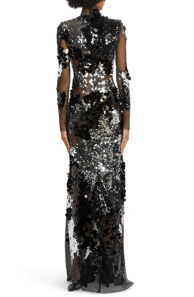 Shop Tom Ford Long Sleeve Sequin & Mesh Gown In Black/ Silver