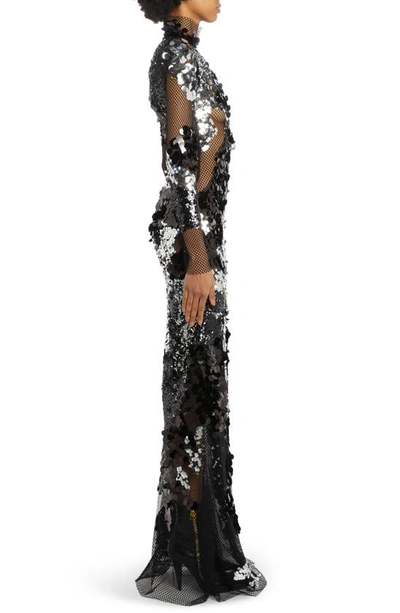 Shop Tom Ford Long Sleeve Sequin & Mesh Gown In Black/ Silver
