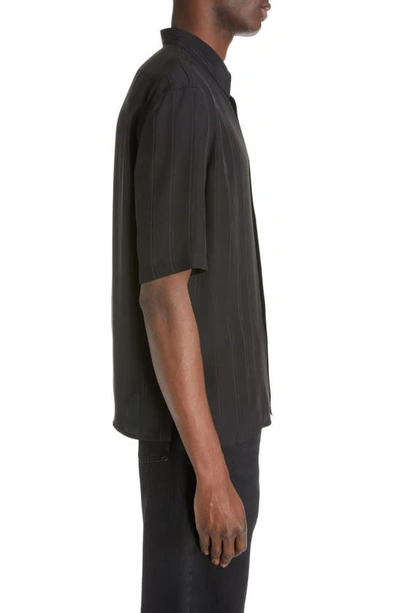 Shop Saint Laurent Tonal Stripe Short Sleeve Silk Button-up Shirt In Noir