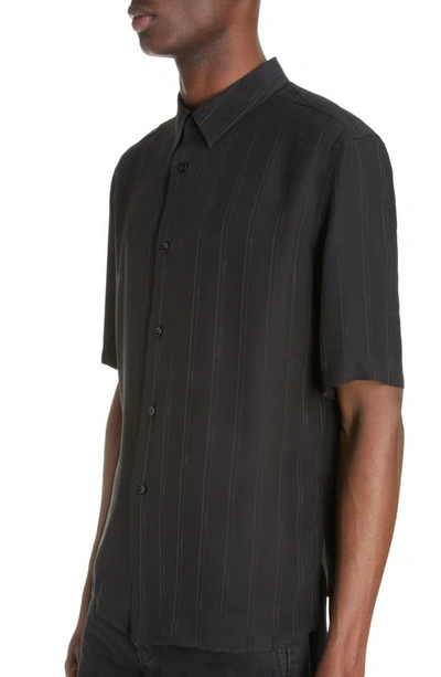 Shop Saint Laurent Tonal Stripe Short Sleeve Silk Button-up Shirt In Noir