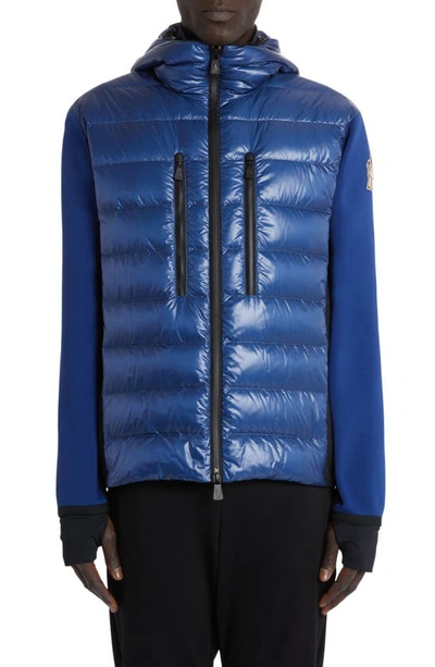 Shop Moncler Grenoble Quilted Hooded Down & Jersey Cardigan In Blue