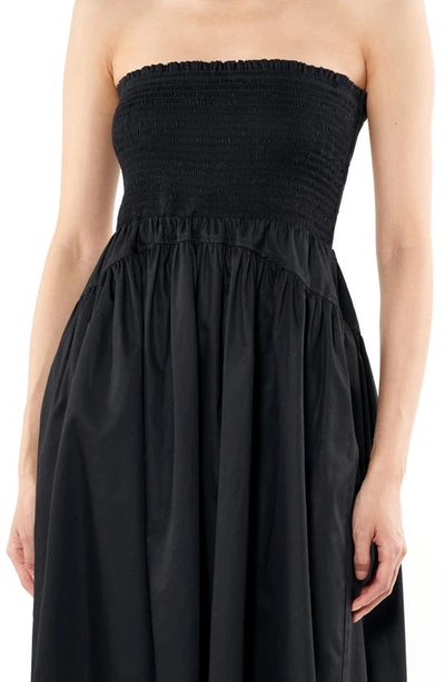 Shop La Ligne Vivian Smocked Strapless Cotton Dress In Black
