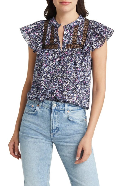 Shop Rails Louella Floral Lace Inset Flutter Sleeve Cotton Blouse In Midnight Hyacinth