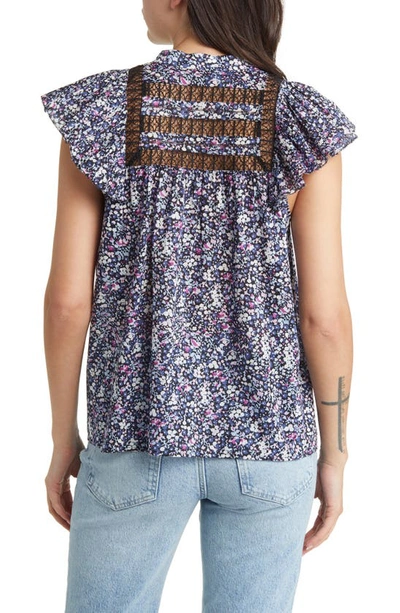 Shop Rails Louella Floral Lace Inset Flutter Sleeve Cotton Blouse In Midnight Hyacinth