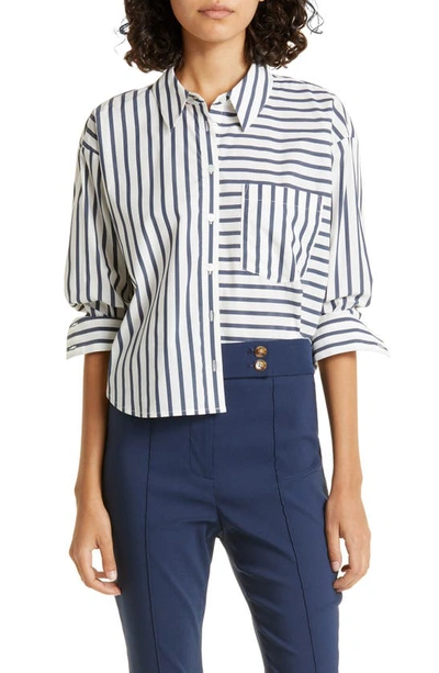 Shop Veronica Beard Aderes Directional Stripe Stretch Cotton Blend Button-up Shirt In Marine/ Off-white