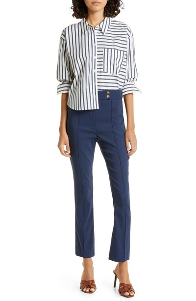 Shop Veronica Beard Aderes Directional Stripe Stretch Cotton Blend Button-up Shirt In Marine/ Off-white
