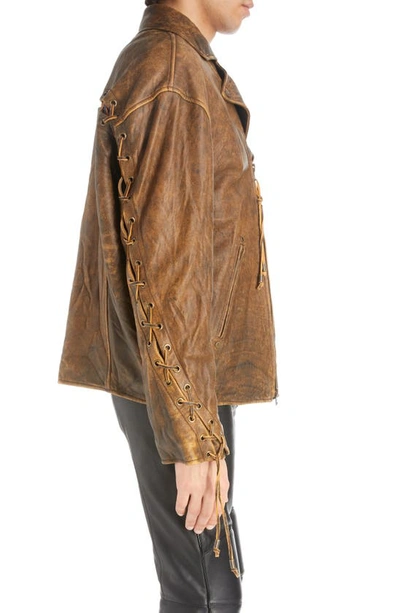 Shop Acne Studios Lace-up Crinkled Lambskin Biker Jacket In Brown/ Orange