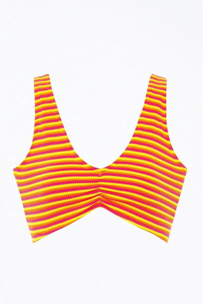 Shop Montce Kim Ruched Variation Bikini Top In Neon Stripe In Red