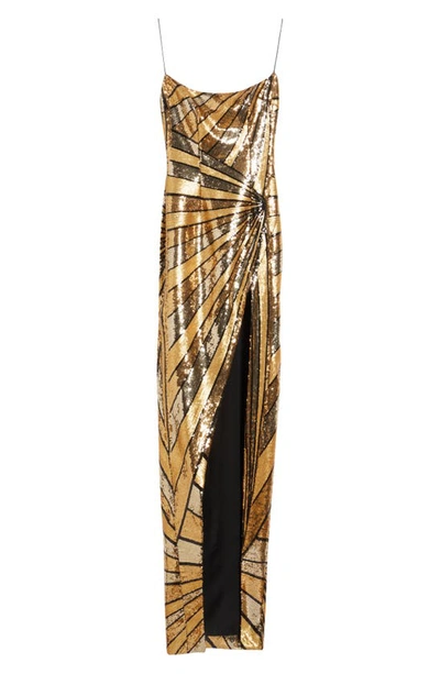 Shop Balmain Mixed Sequin Stripe Side Slit Gown In Black/ Gold