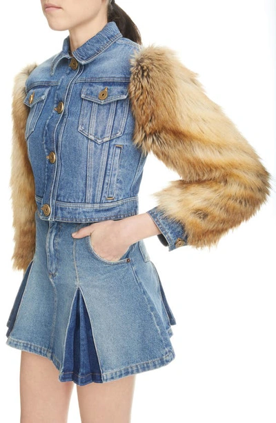Shop Balmain Faux Fur & Denim Jacket In Sih Blue Multi