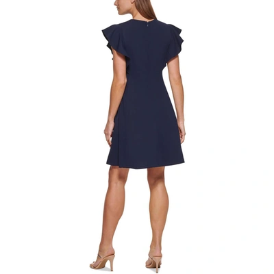 Shop Dkny Petites Womens Ruffle Sleeve Mini Fit & Flare Dress In Blue