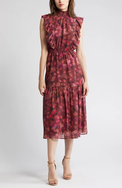Steve Madden Anna Floral Mock Neck Midi Dress In Pink Multi