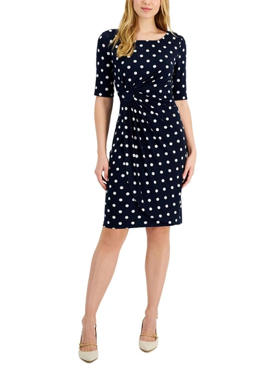Shop Connected Apparel Petites Womens Polka Dot Ruched Sheath Dress In Blue