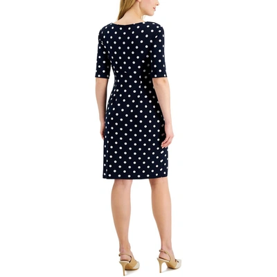Shop Connected Apparel Petites Womens Polka Dot Ruched Sheath Dress In Blue