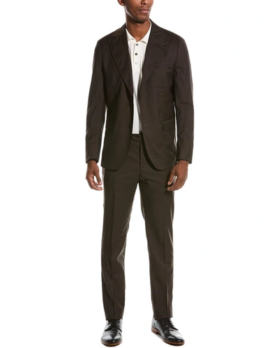 Shop Zanetti 2pc Wool Suit With Flat Front Pant In Brown