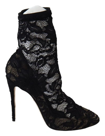 Shop Dolce & Gabbana Lace Taormina High Heel Boots Women's Shoes In Black